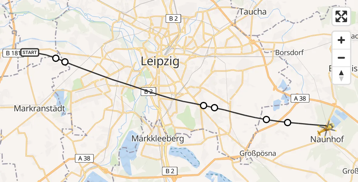 Flugroute Rettungshubschrauber Schkeuditz - Naunhof, 10 Mai 2026, 11:50