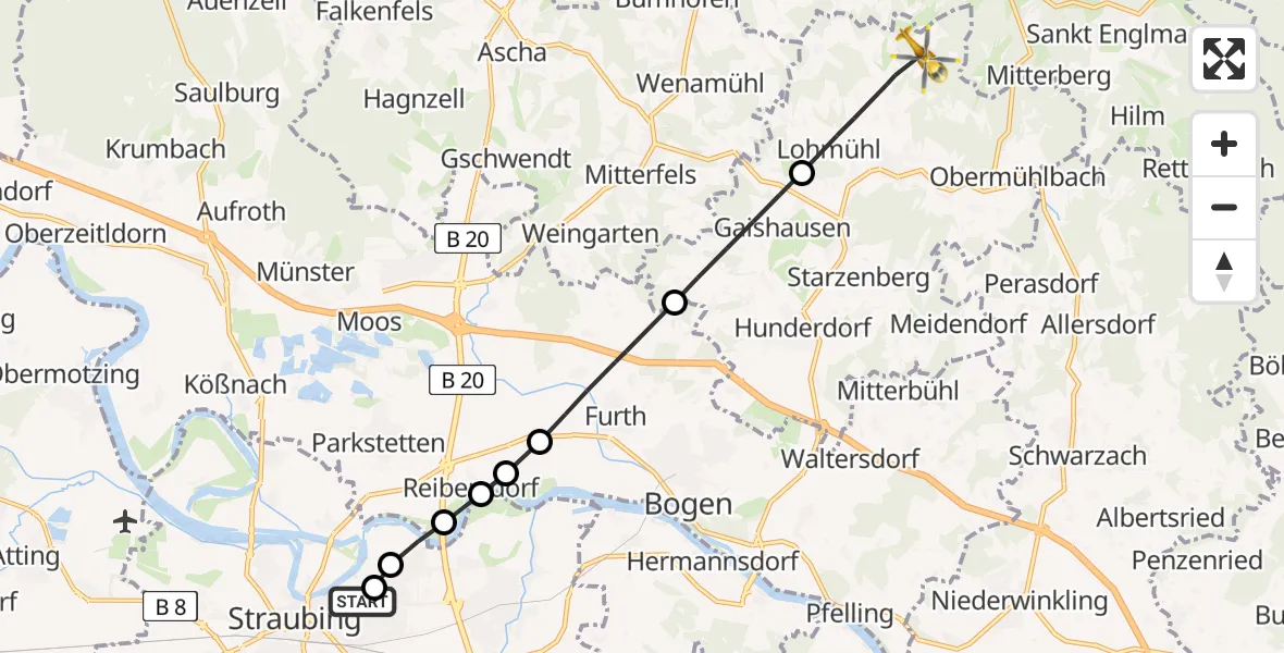 Flugroute Rettungshubschrauber Sankt Elisabeth Hospital Straubing - Neukirchen, 10 Mai 2026, 11:53