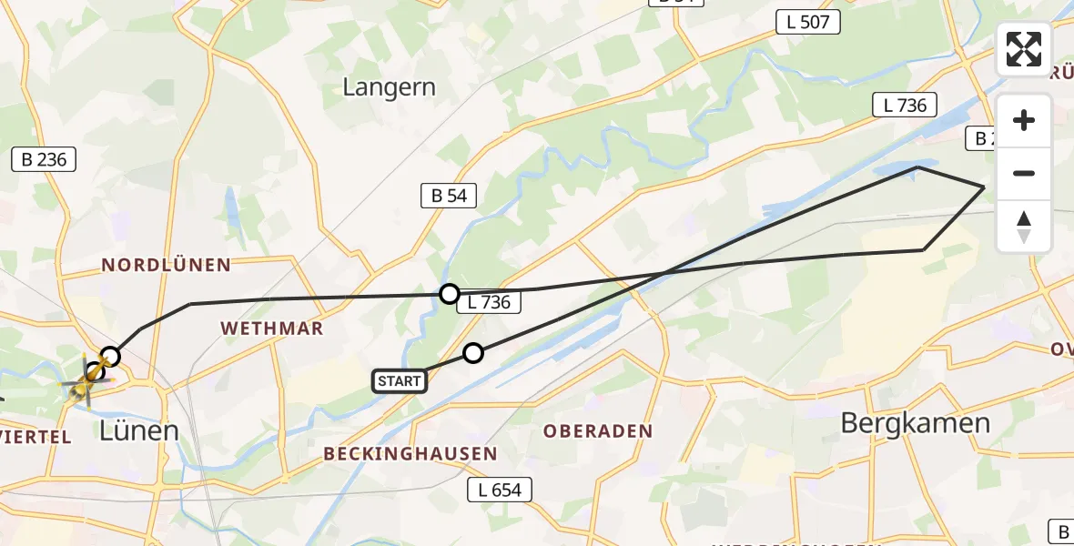 Flugroute Rettungshubschrauber Lünen - Sankt Marien Hospital, 10 Mai 2026, 11:55