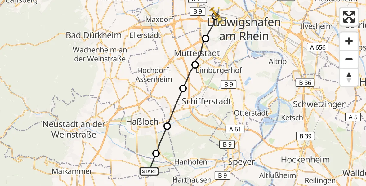 Flugroute Rettungshubschrauber Neustadt an der Weinstraße - Ludwigshafen Accident Hospital, 10 Mai 2026, 11:55