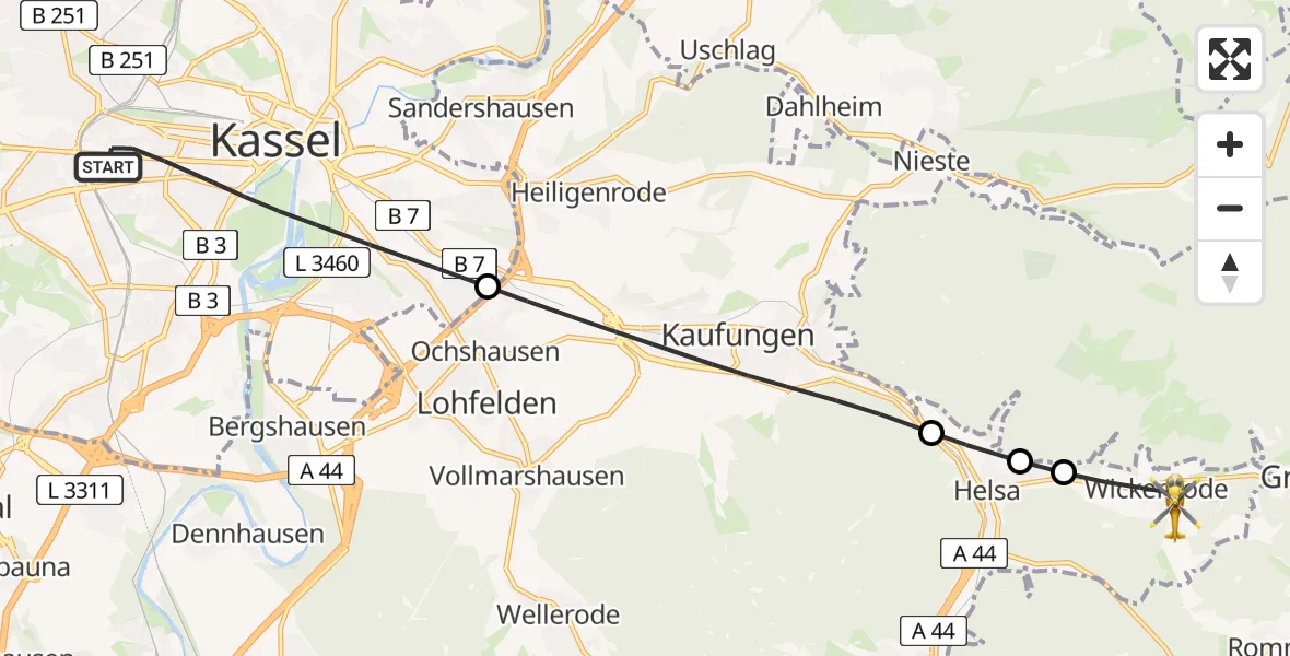 Flugroute Rettungshubschrauber Kassel - Helsa, 10 Mai 2026, 11:57