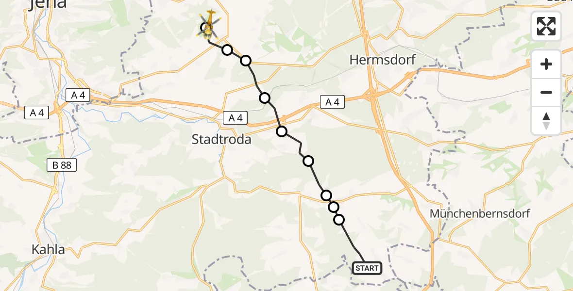 Flugroute Rettungshubschrauber Renthendorf - Jena-Schöngleina Flugplatz, 10 Mai 2026, 12:01