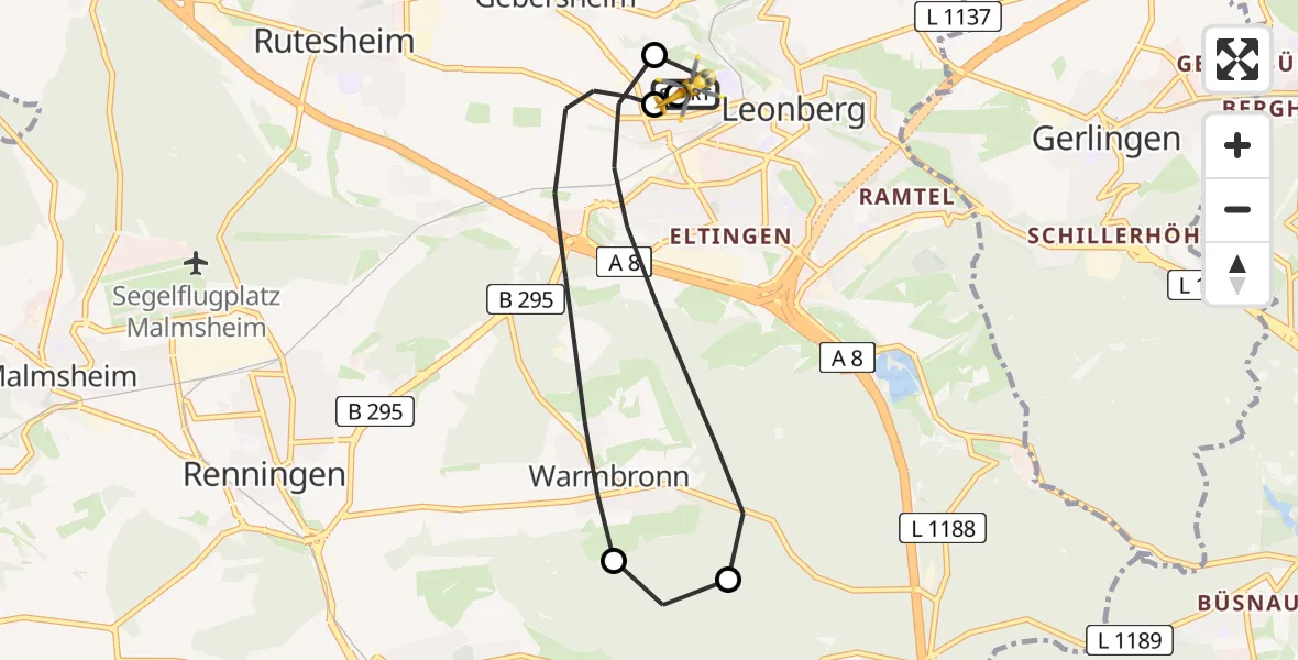 Flugroute Rettungshubschrauber Leonberg Hospital - Leonberg Hospital, 10 Mai 2026, 12:02