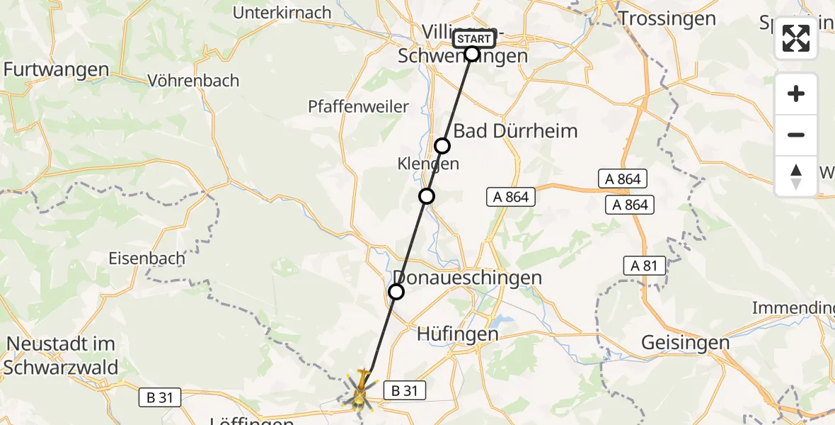 Flugroute Rettungshubschrauber DRF Air Rescue Station Villingen-Schwenningen Hubschrauberlandeplatz (Christoph 11) - Bräunlingen, 10 Mai 2026, 12:03