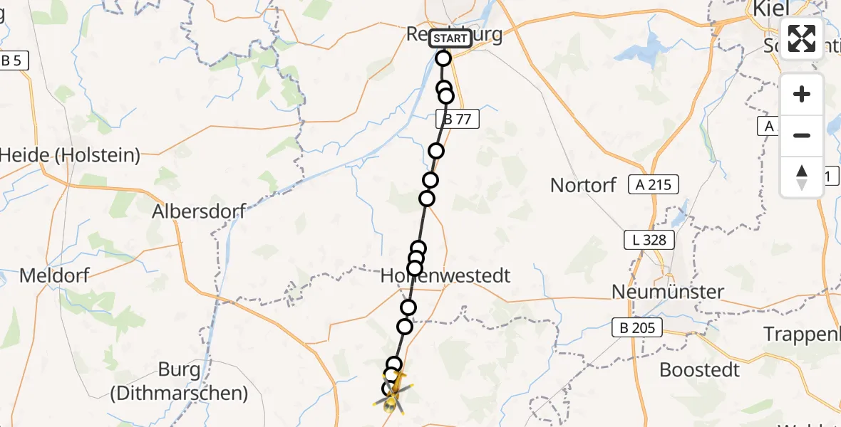 Flugroute Rettungshubschrauber Rendsburg - Itzehoe Hungriger Wolf Flugplatz, 10 Mai 2026, 12:03