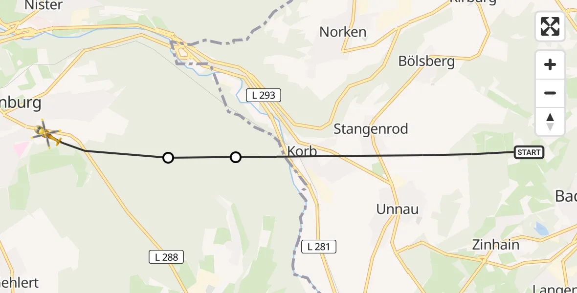 Flugroute Rettungshubschrauber Unnau - Hachenburg, 10 Mai 2026, 12:12