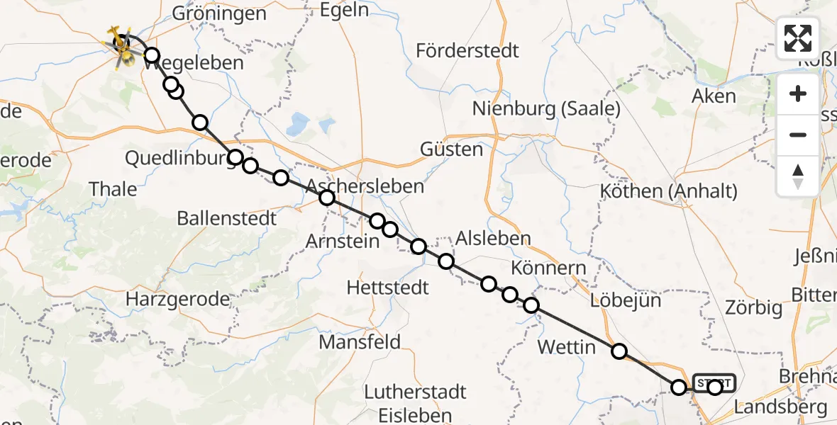 Flugroute Rettungshubschrauber Halle-Oppin Flugplatz - AMEOS Hospital Sankt Salvator Halberstadt, 10 Mai 2026, 12:13