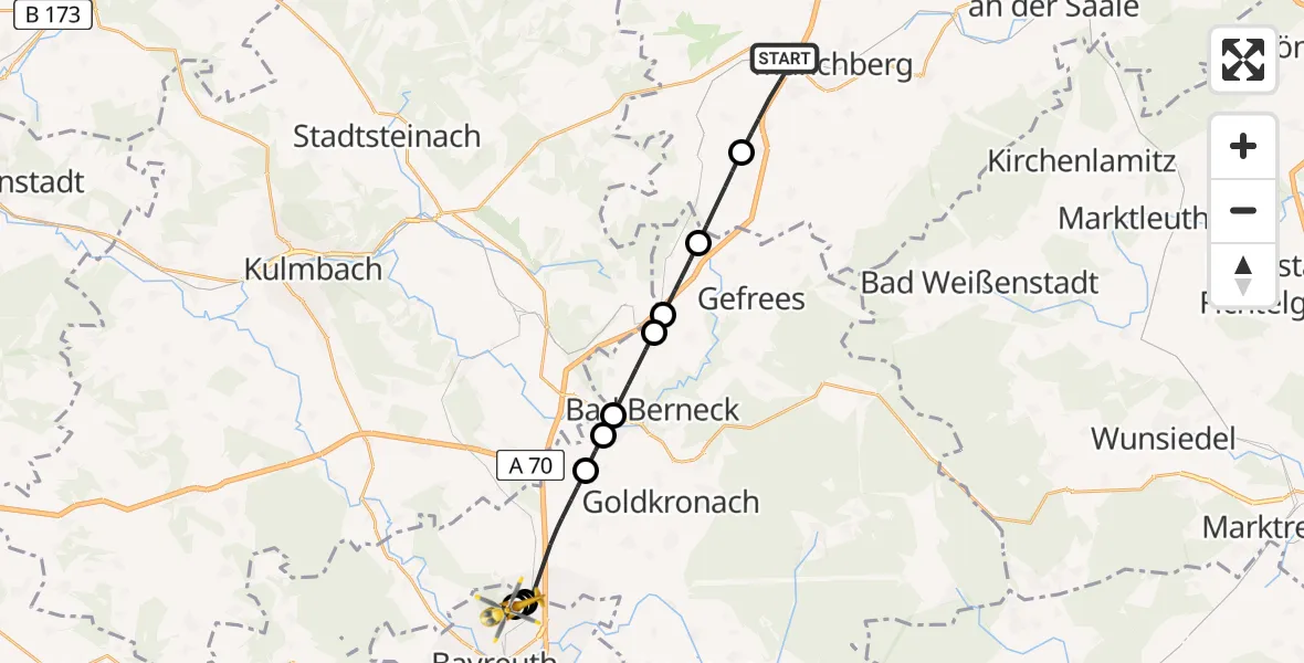 Flugroute Rettungshubschrauber Münchberg - Hohe Warte Hospital, 10 Mai 2026, 12:13