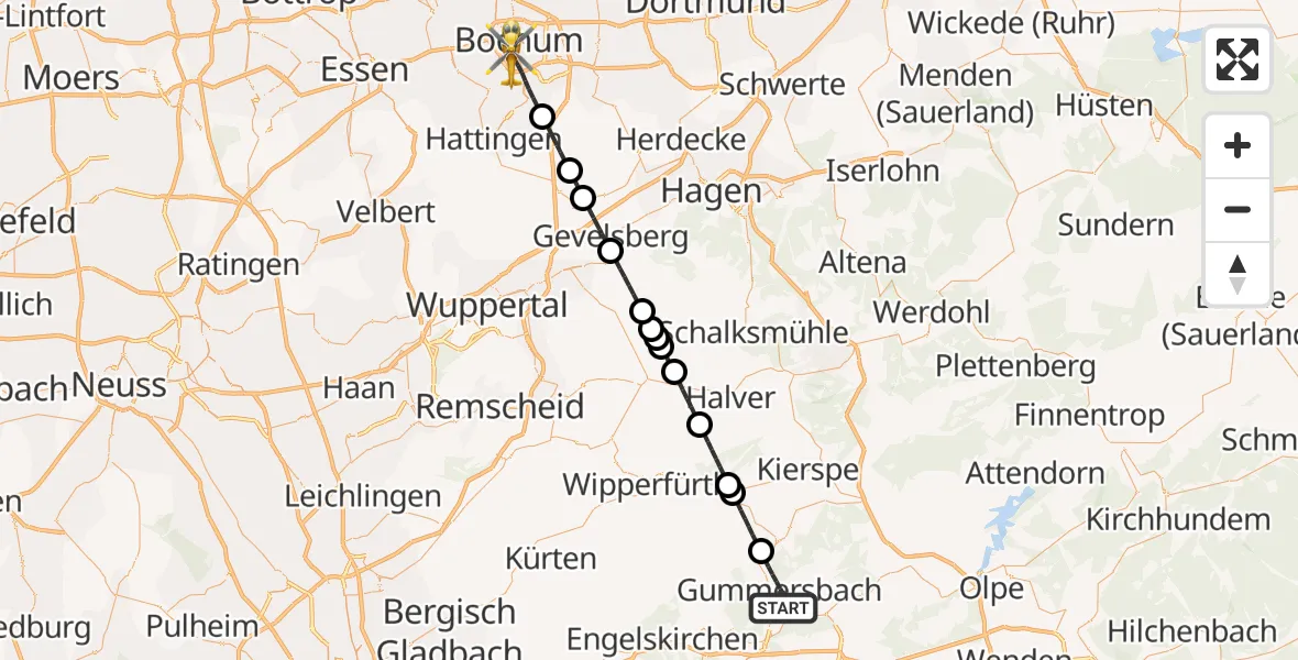 Flugroute Ambulanzhubschrauber Gummersbach - Bochum, 10 Mai 2026, 12:14