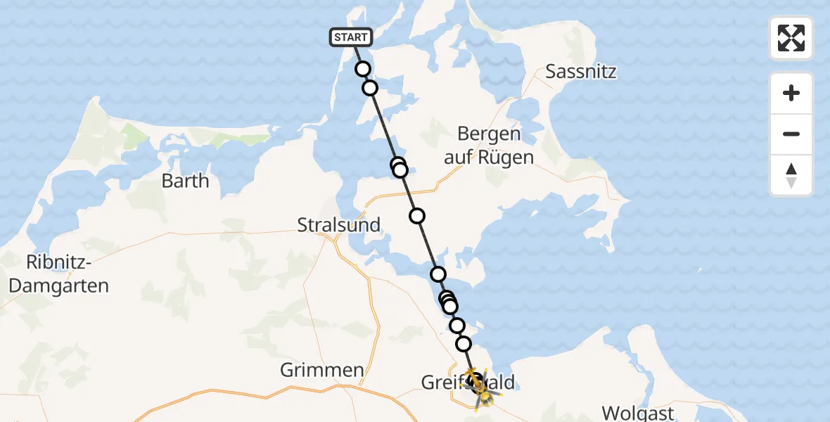 Flugroute Rettungshubschrauber Insel Hiddensee - Greifswald Hospital, 10 Mai 2026, 12:18
