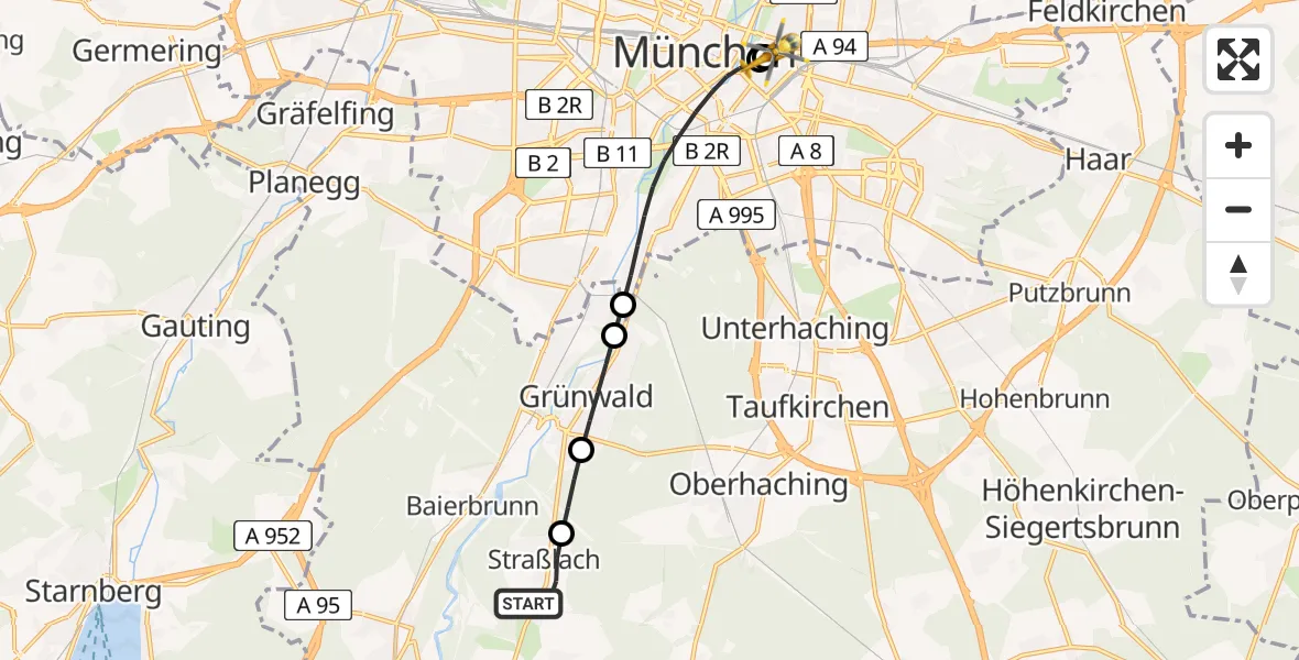 Flugroute Rettungshubschrauber Straßlach-Dingharting - Rechts der Isar University Hospital, 10 Mai 2026, 12:24