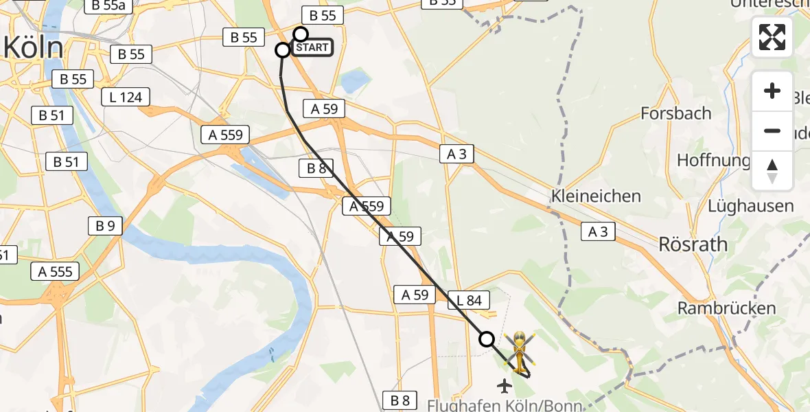 Flugroute Rettungshubschrauber Merheim Hospital - Köln Bonn Flughafen, 10 Mai 2026, 12:28