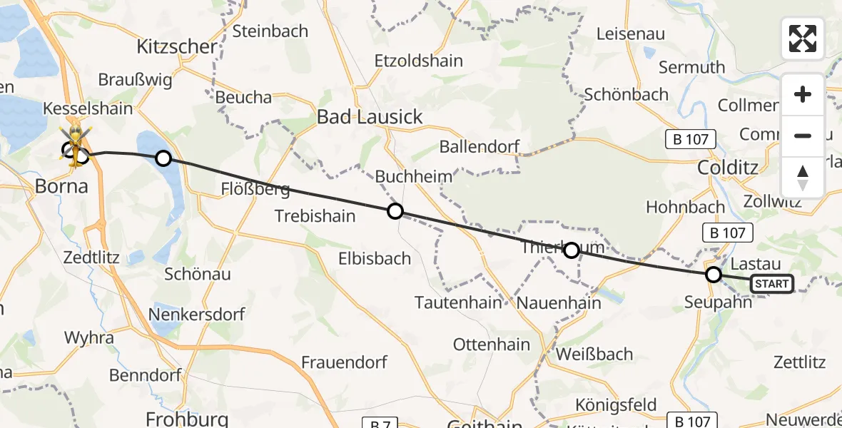 Flugroute Rettungshubschrauber Colditz - Sana Hospital Borna, 10 Mai 2026, 12:29