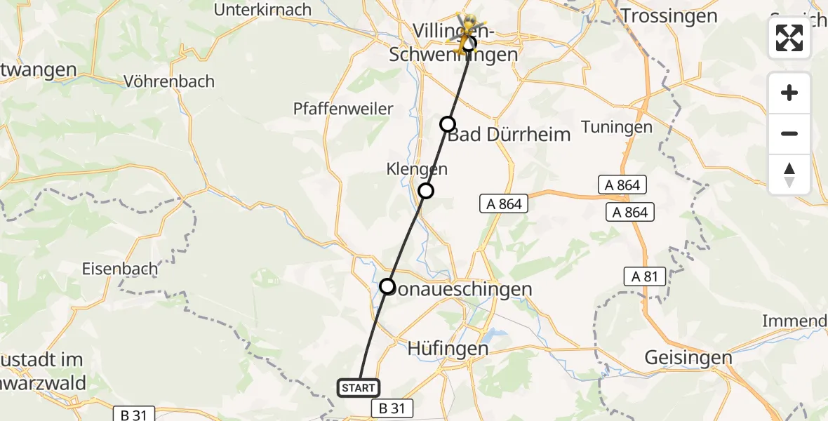 Flugroute Rettungshubschrauber Bräunlingen - DRF Air Rescue Station Villingen-Schwenningen Hubschrauberlandeplatz (Christoph 11), 10 Mai 2026, 12:34