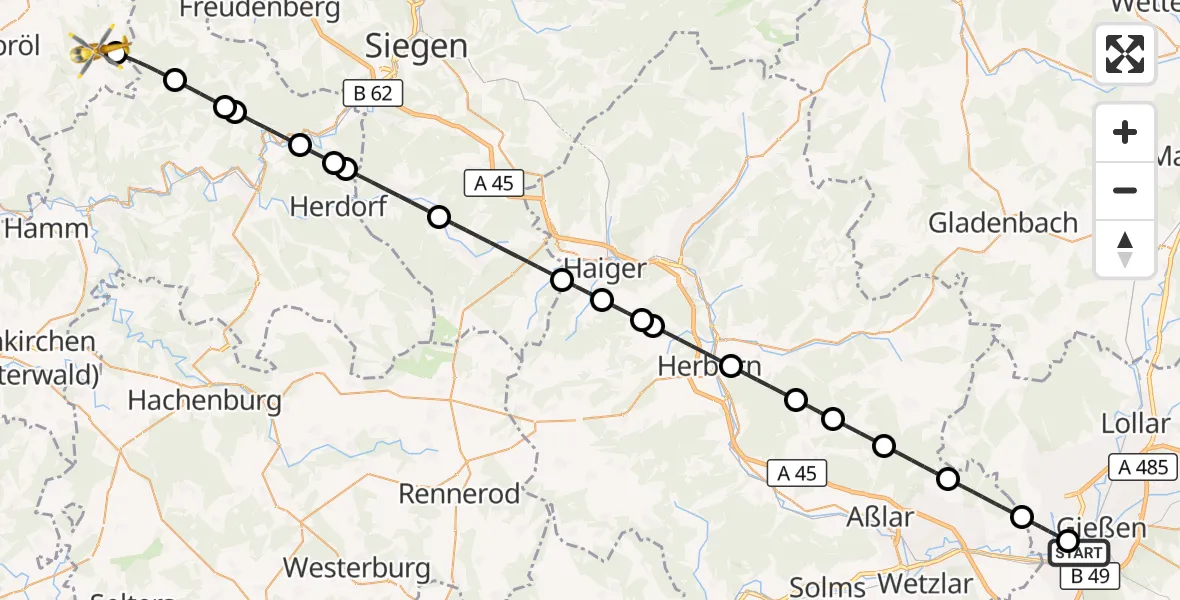Flugroute Rettungshubschrauber Gießen - Morsbach, 10 Mai 2026, 12:35