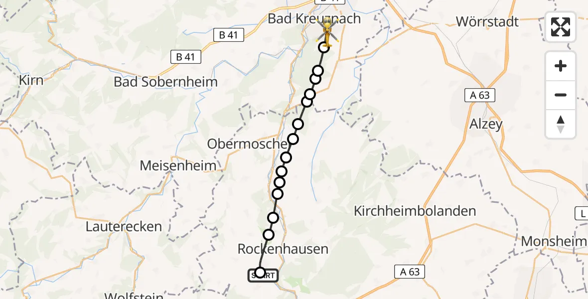 Flugroute Rettungshubschrauber Imsweiler UL - Bad Kreuznach, 10 Mai 2026, 12:39