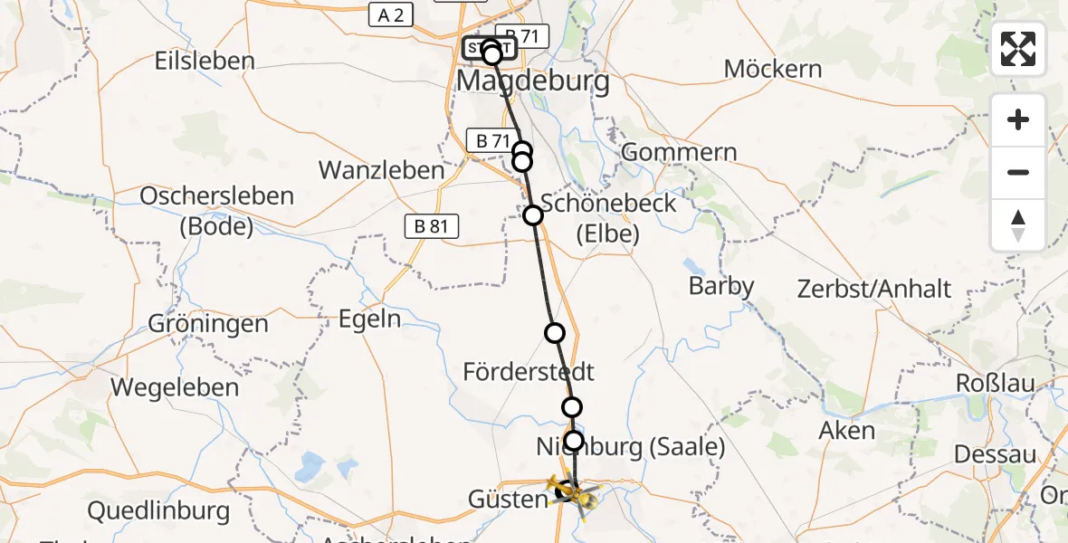 Flugroute Rettungshubschrauber Magdeburg Hospital - Bernburg (Saale), 10 Mai 2026, 12:45