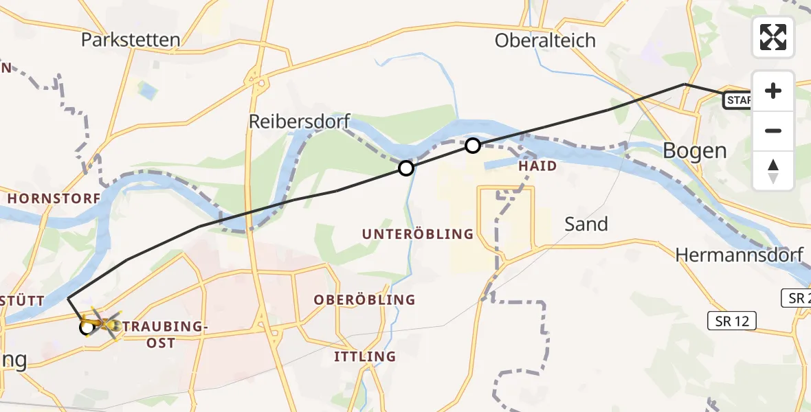 Flugroute Rettungshubschrauber Bogen - Sankt Elisabeth Hospital Straubing, 10 Mai 2026, 12:48