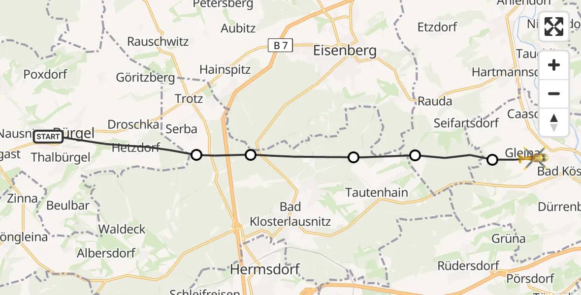 Flugroute Rettungshubschrauber Bürgel - Bad Köstritz, 10 Mai 2026, 12:50