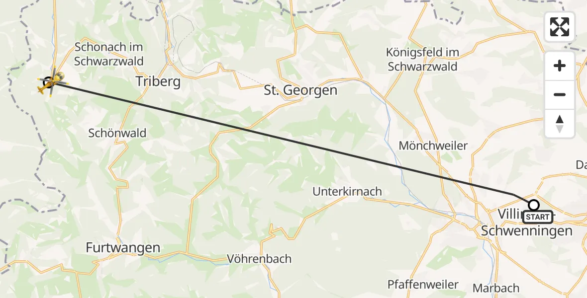 Flugroute Rettungshubschrauber DRF Air Rescue Station Villingen-Schwenningen Hubschrauberlandeplatz (Christoph 11) - Schonach im Schwarzwald, 10 Mai 2026, 13:01