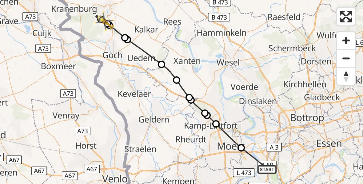 Flugroute Rettungshubschrauber Duisburg - Bedburg-Hau, 10 Mai 2026, 13:10