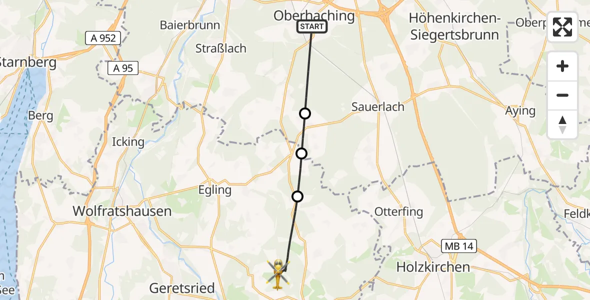 Flugroute Rettungshubschrauber Oberhaching - Dietramszell, 10 Mai 2026, 13:10