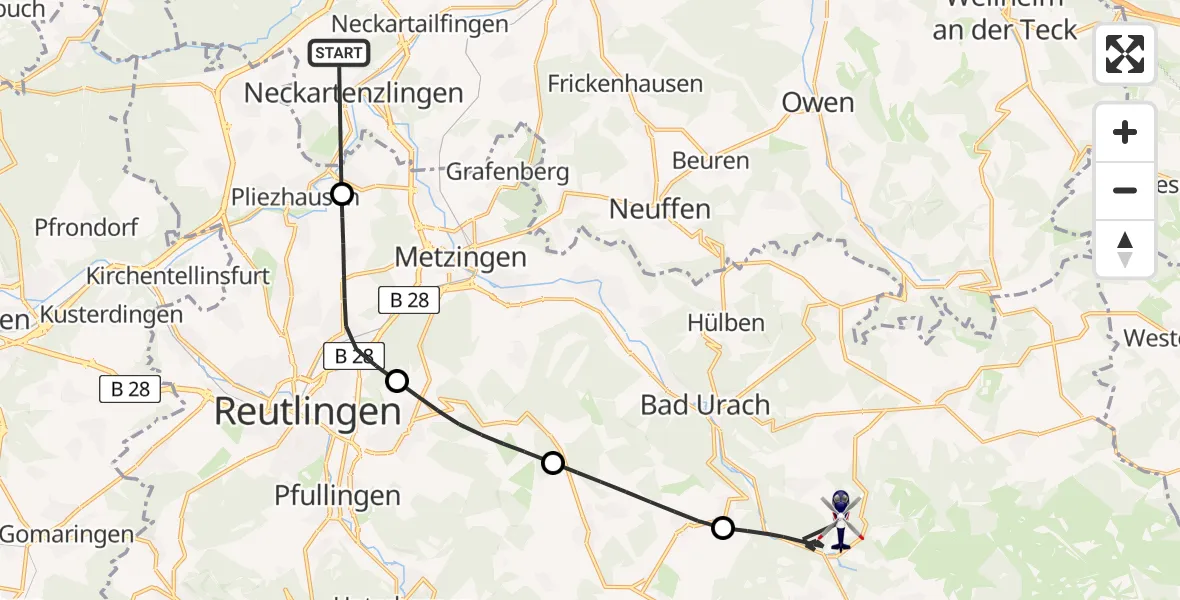 Flugroute Polizeihubschrauber Schlaitdorf - Bad Urach, 10 Mai 2026, 13:10