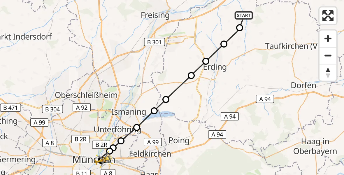 Flugroute Rettungshubschrauber Wartenberg - Rechts der Isar University Hospital, 10 Mai 2026, 13:11