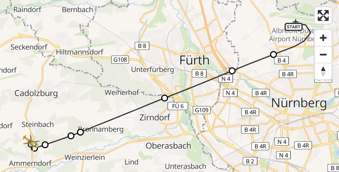 Flugroute Ambulanzhubschrauber Flughafen Nuremberg - Cadolzburg, 10 Mai 2026, 13:12