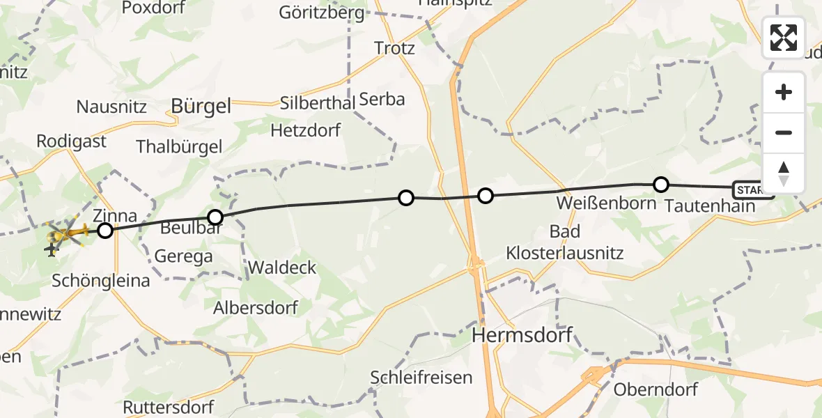 Flugroute Rettungshubschrauber Tautenhain - Jena-Schöngleina Flugplatz, 10 Mai 2026, 13:12