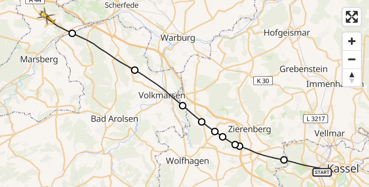 Flugroute Rettungshubschrauber Kassel - Marsberg, 10 Mai 2026, 13:14