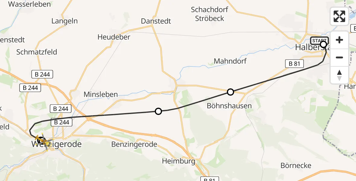 Flugroute Rettungshubschrauber AMEOS Hospital Sankt Salvator Halberstadt - Harz Hospital Wernigerode, 10 Mai 2026, 13:16