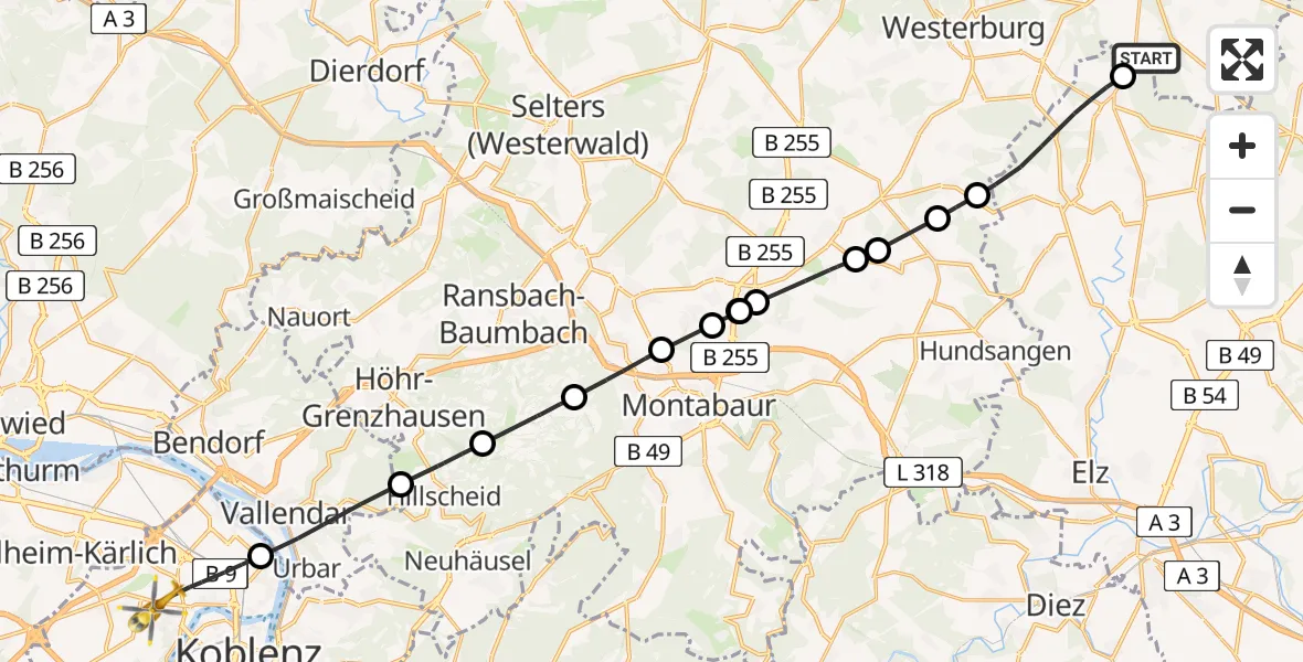 Flugroute Rettungshubschrauber Irmtraut - Koblenz, 10 Mai 2026, 13:21