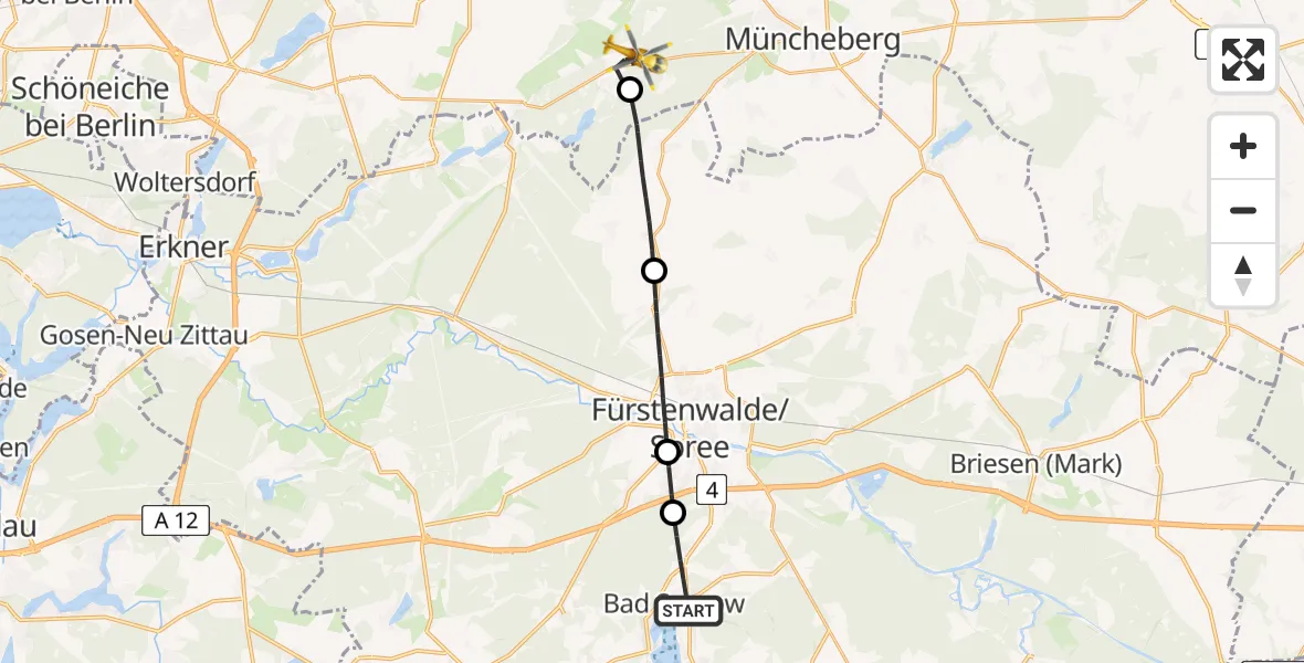 Flugroute Rettungshubschrauber Bad Saarow - Müncheberg, 10 Mai 2026, 13:27