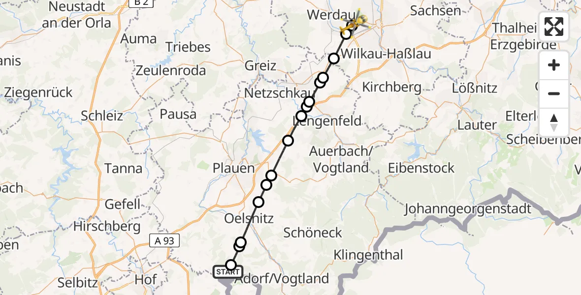 Flugroute Rettungshubschrauber Eichigt - ADAC Air Rescue Station Zwickau Hubschrauberlandeplatz, 10 Mai 2026, 13:29