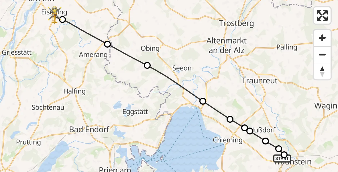 Flugroute Rettungshubschrauber Traunstein Hospital - Eiselfing, 10 Mai 2026, 13:31