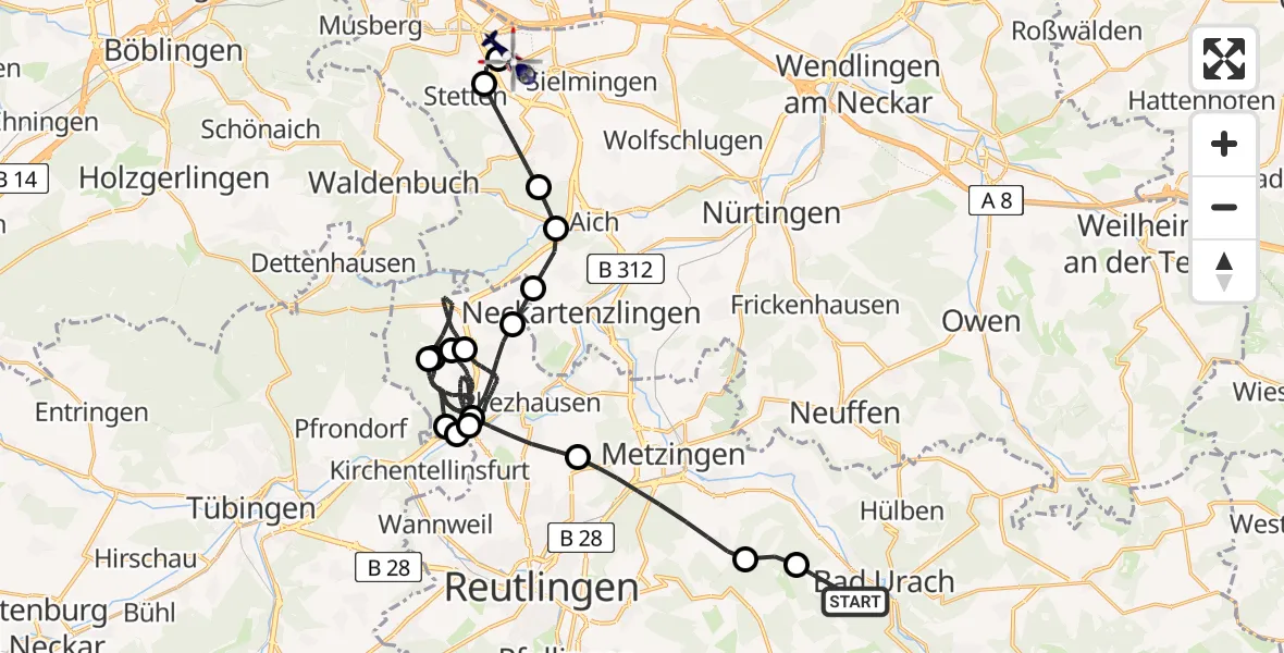 Flugroute Polizeihubschrauber Bad Urach - Flughafen Stuttgart, 10 Mai 2026, 13:33