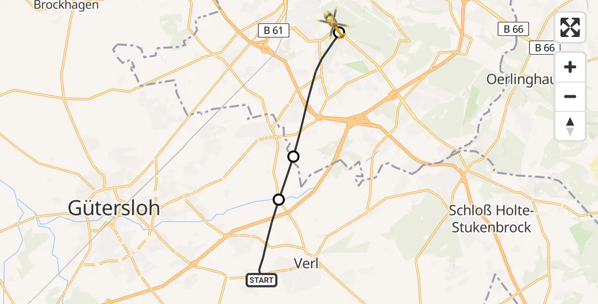 Flugroute Rettungshubschrauber Verl - Luftrettungszentrum Bielefeld, 10 Mai 2026, 13:35
