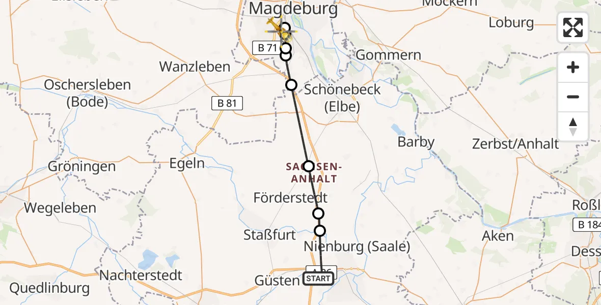 Flugroute Rettungshubschrauber Bernburg (Saale) - Magdeburg, 10 Mai 2026, 13:39