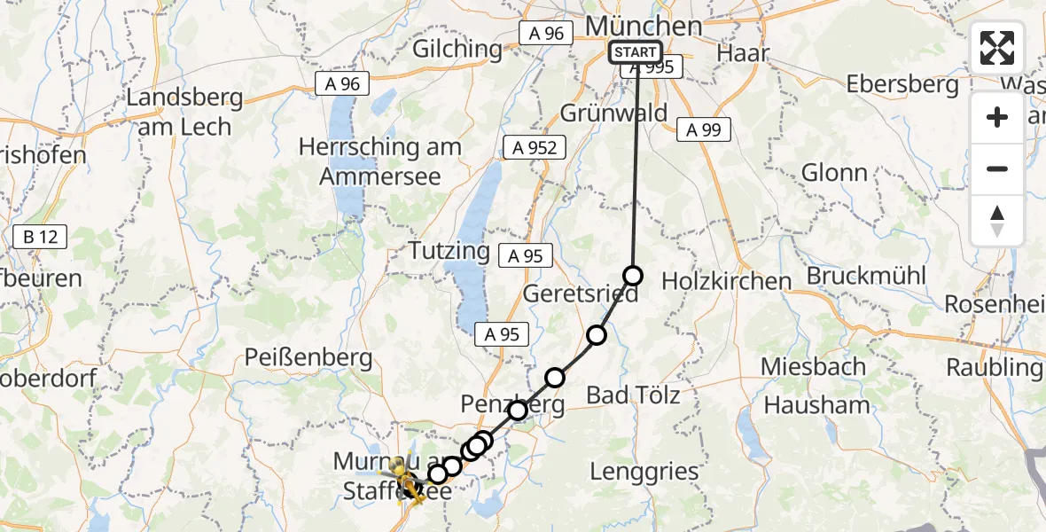 Flugroute Rettungshubschrauber München - Murnau Accident Hospital, 10 Mai 2026, 13:41