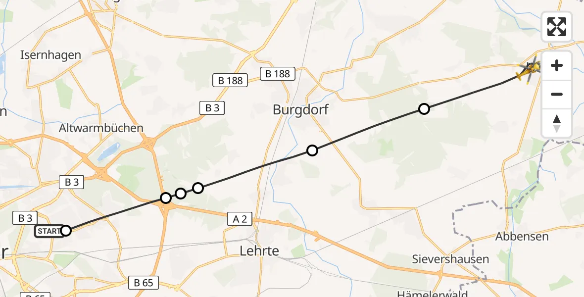 Flugroute Rettungshubschrauber Hannover Luftrettung Hubschrauberlandeplatz (Christoph 4) - Uetze, 10 Mai 2026, 13:43