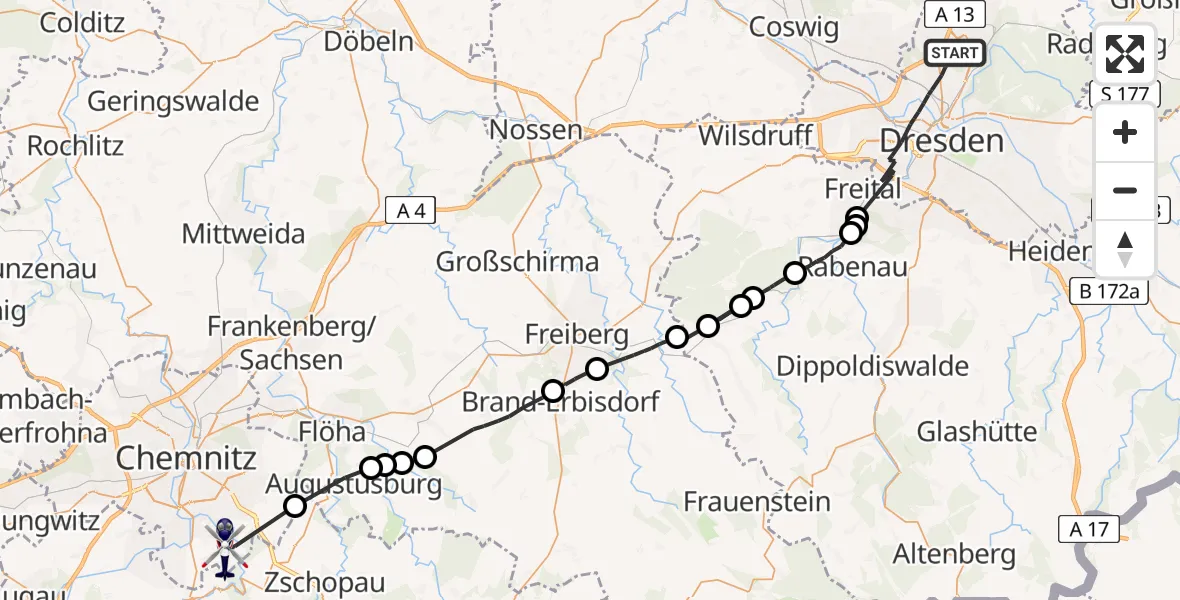 Flugroute Polizeihubschrauber Dresden - Chemnitz, 10 Mai 2026, 13:46