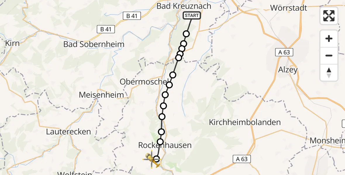 Flugroute Rettungshubschrauber Bad Kreuznach - Imsweiler UL, 10 Mai 2026, 13:46