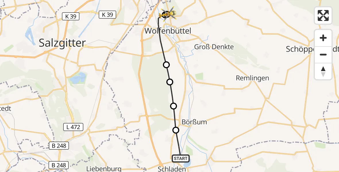 Flugroute Rettungshubschrauber Schladen-Werla - Wolfenbüttel Municipal Hospital Heliport (Christoph 30), 10 Mai 2026, 13:47