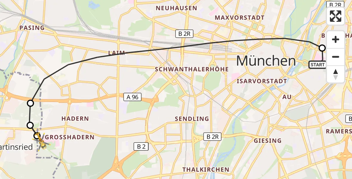 Flugroute Rettungshubschrauber Rechts der Isar University Hospital - DRF Air Rescue München Hubschrauberlandeplatz, 10 Mai 2026, 13:49