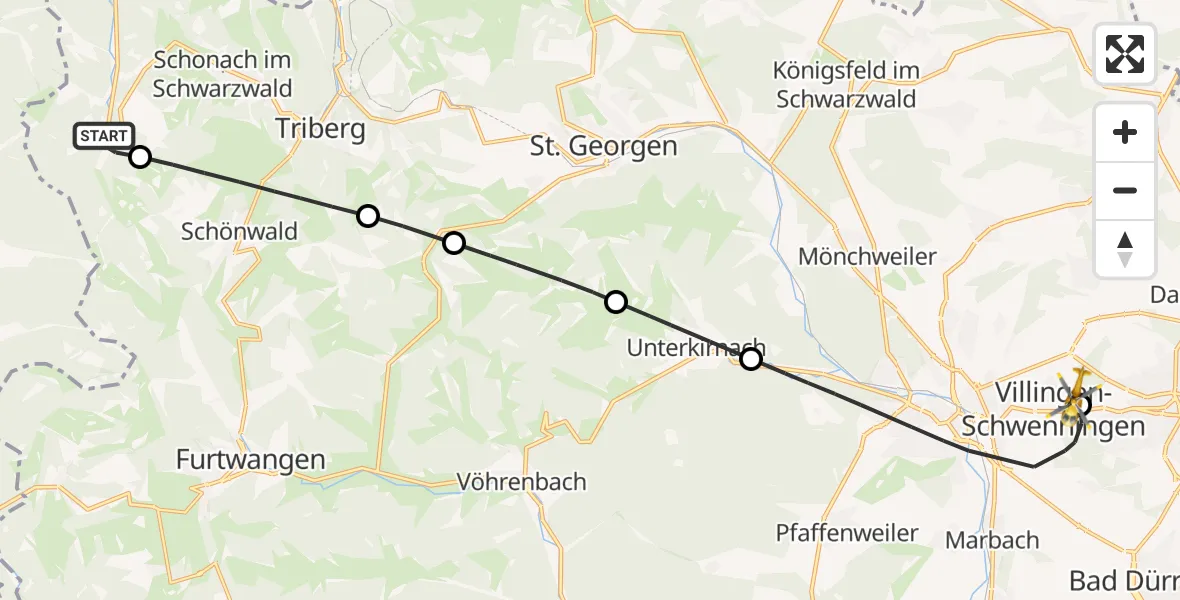 Flugroute Rettungshubschrauber Schonach im Schwarzwald - DRF Air Rescue Station Villingen-Schwenningen Hubschrauberlandeplatz (Christoph 11), 10 Mai 2026, 13:51