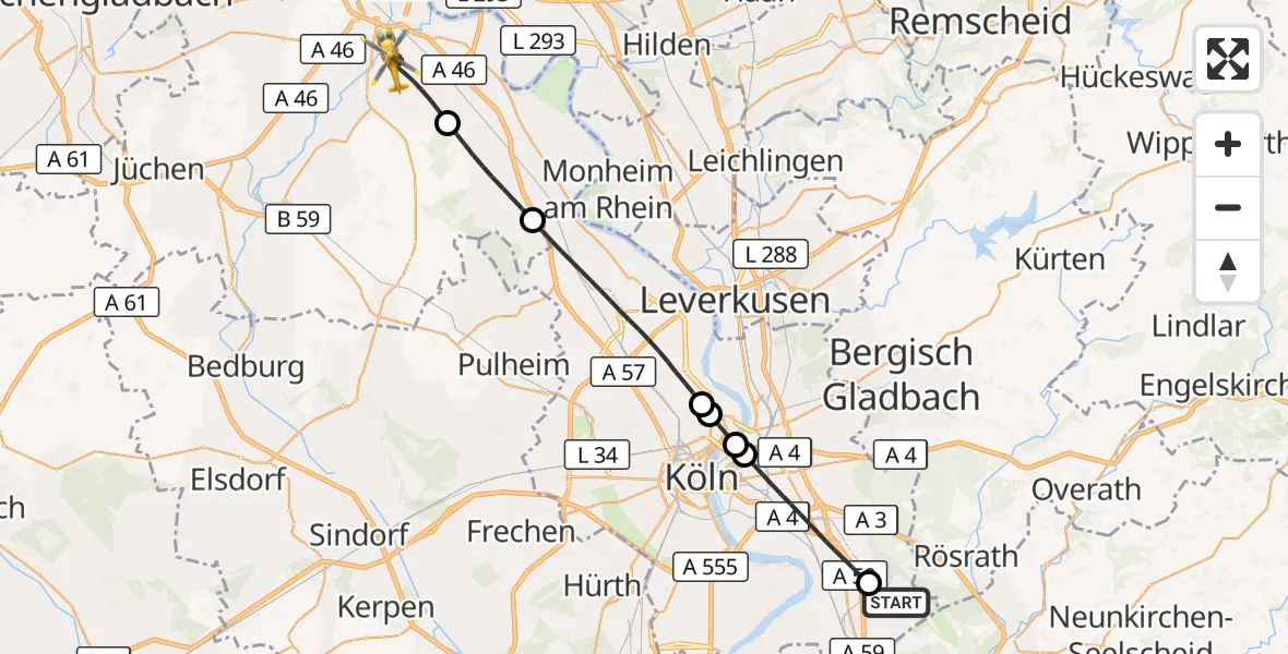 Flugroute Rettungshubschrauber Köln Bonn Flughafen - Neuss, 10 Mai 2026, 13:52