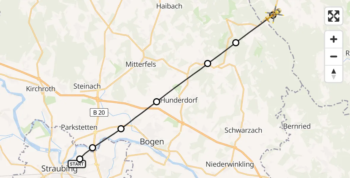 Flugroute Rettungshubschrauber Sankt Elisabeth Hospital Straubing - Kollnburg, 10 Mai 2026, 13:53