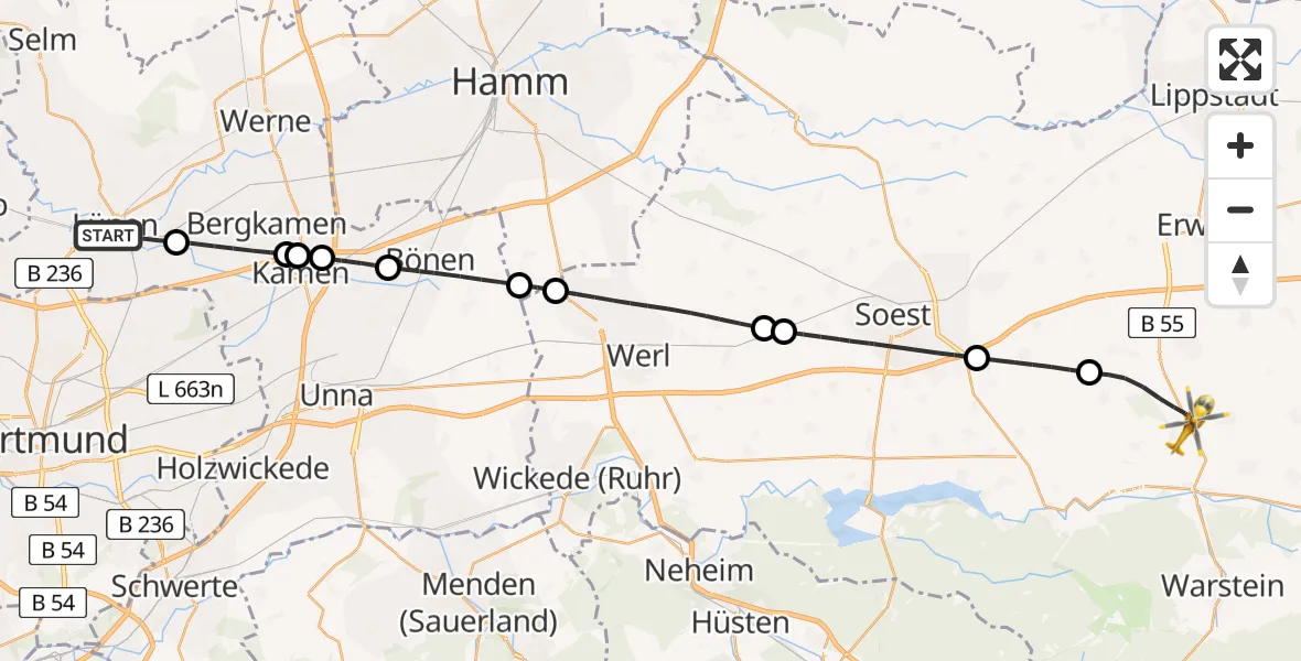 Flugroute Rettungshubschrauber Lünen - Anröchte, 10 Mai 2026, 13:56