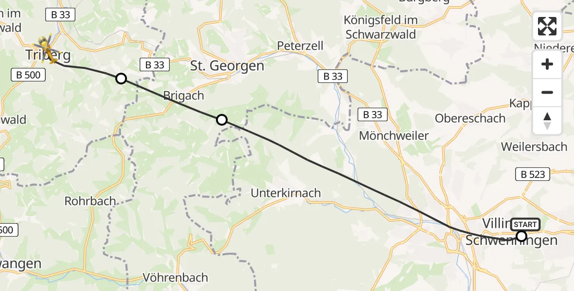 Flugroute Rettungshubschrauber DRF Air Rescue Station Villingen-Schwenningen Hubschrauberlandeplatz (Christoph 11) - Triberg im Schwarzwald, 10 Mai 2026, 13:56